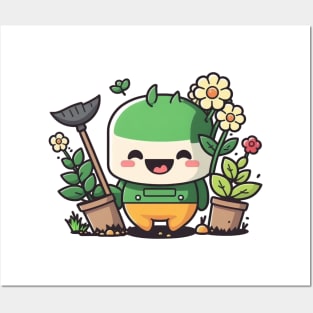 Cute happy kawaii gardener surrounded by beautiful flowers Posters and Art